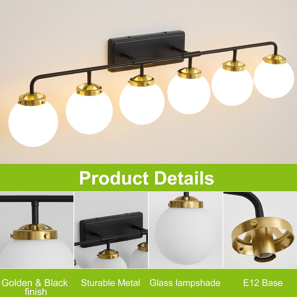 Black Gold Bathroom Light Fixtures Over Mirror, Modern Vanity Lighting with Milk White Glass Globe Shades 6-Light Farmhouse Wall Sconce