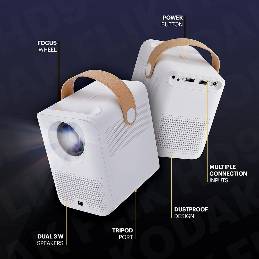 KODAK FLIK HD9 Smart Projector - White, 1080p HD - Smart TV with Android TV 10 & Google Assistant Remote - Portable Mini Projector 40"-150" Projection Range - Wi-Fi & Bluetooth 5.0 Wireless Casting