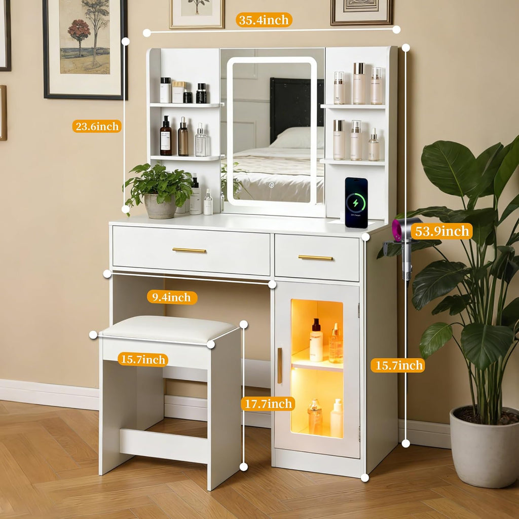 White LED Vanity Table with Three-Color Adjustable Light HD Mirror, USB Charging Port,Leather Stool, Double-Layer Acrylic Cabinet with Ambient Lighting,and Makeup Table with Drawer Storage