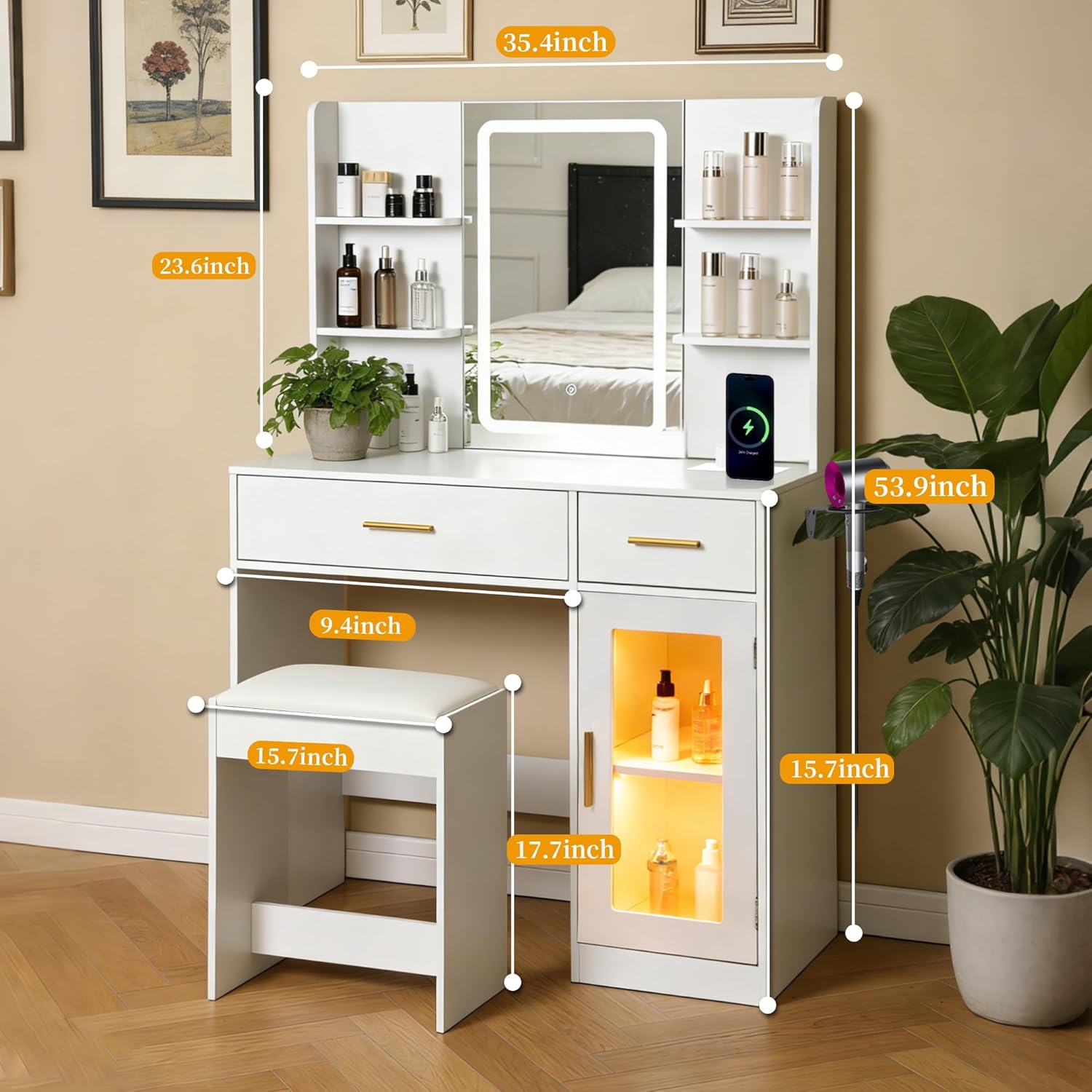 White LED Vanity Table with Three-Color Adjustable Light HD Mirror, USB Charging Port,Leather Stool, Double-Layer Acrylic Cabinet with Ambient Lighting,and Makeup Table with Drawer Storage