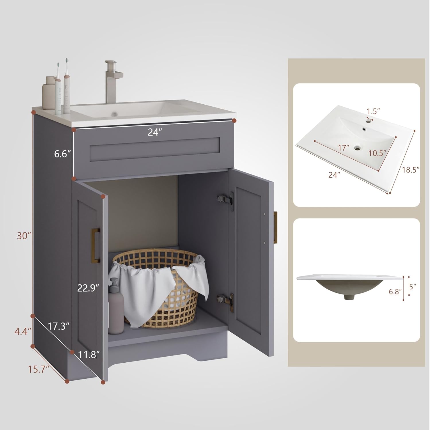 24 Inch Bathroom Vanity with Sink, Bathroom Storage Vanity Cabinet for Small Space, Bathroom Vanity with 2 Doors and 1 Drawer, Modern Freestanding Vanity Sink (Grey)