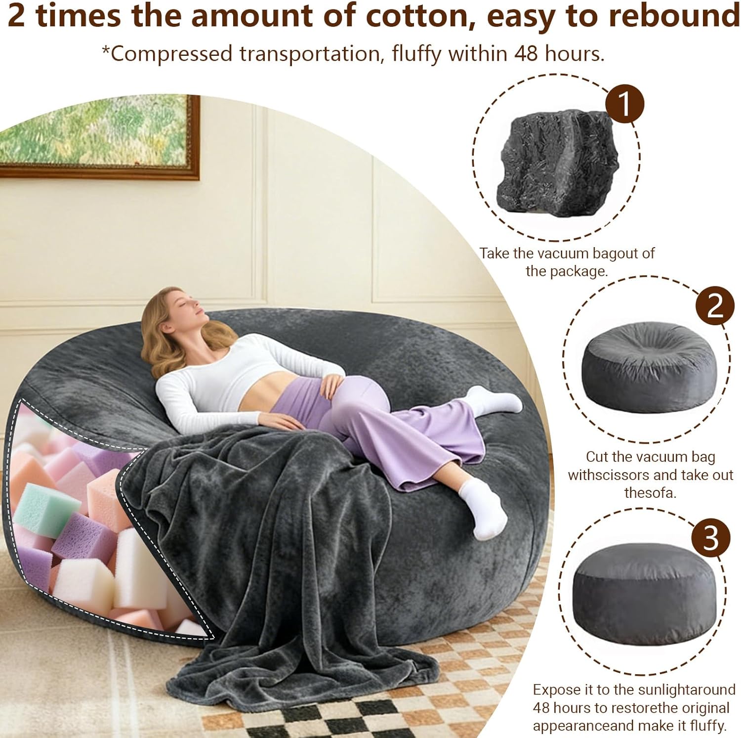 Big Bean Bag Chairs for Adults  .6FT Bean Bag Chair with Filler Memory Foam Chair Super Soft Plush, Living Room Furniture, Suitable for bedrooms, Comfy Lounge Reading Chairs