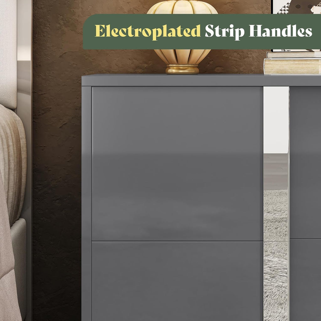 AMERLIFE 3 Piece Bedroom Set, Two 23.6" Nightstands & 6-Drawer Dresser, Silent Glide Drawers & Metal Handles, Modern High Gloss UV Finish, Dresser Set for Bedroom, Grey
