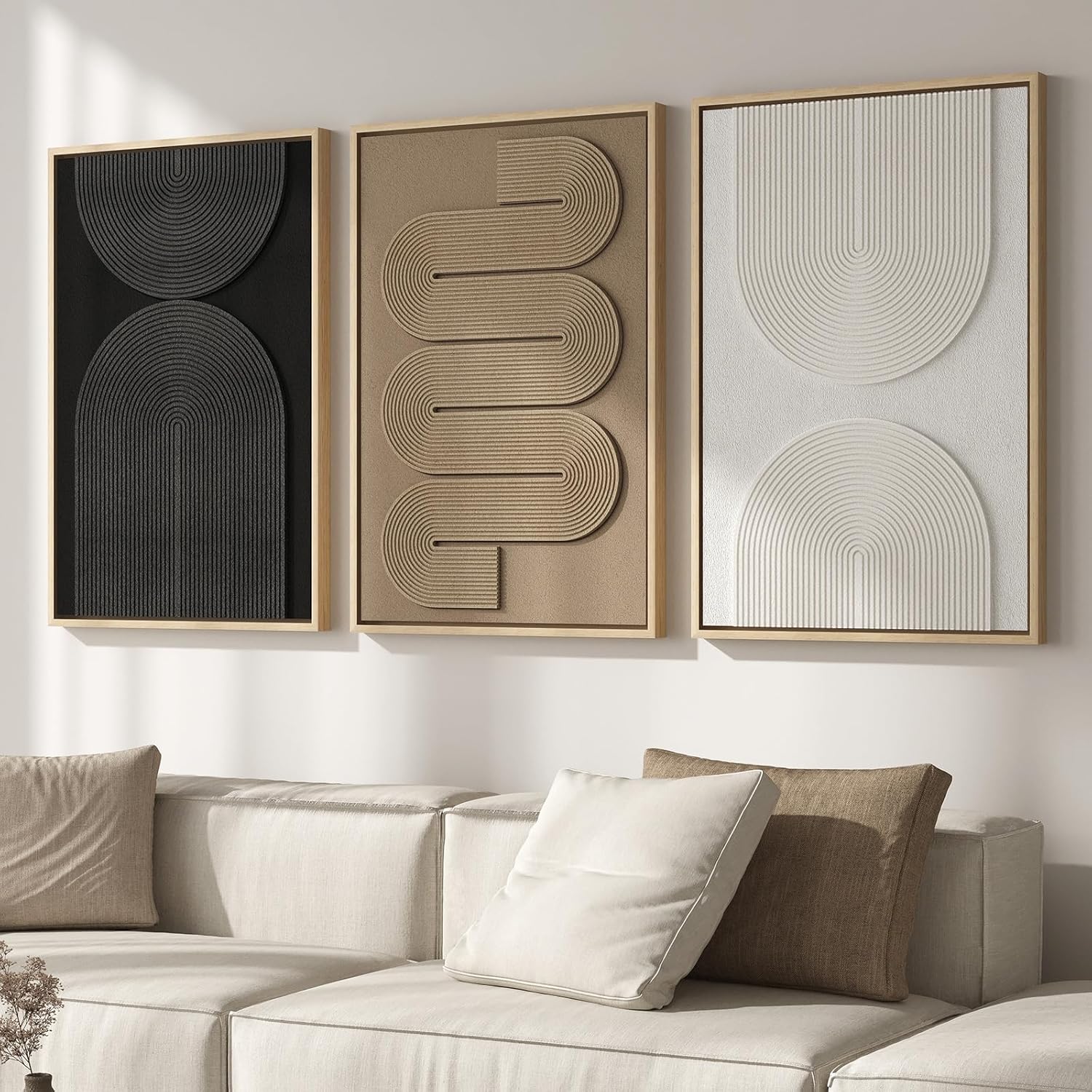 Large 3D Textured Framed Boho Modern Neutral Abstract Wall Art for Living Room, 3 Piece Black White Brown Paintings Artwork for Walls, Geometric Pictures for Office Bedroom Dining Room Decor, 24x36 In