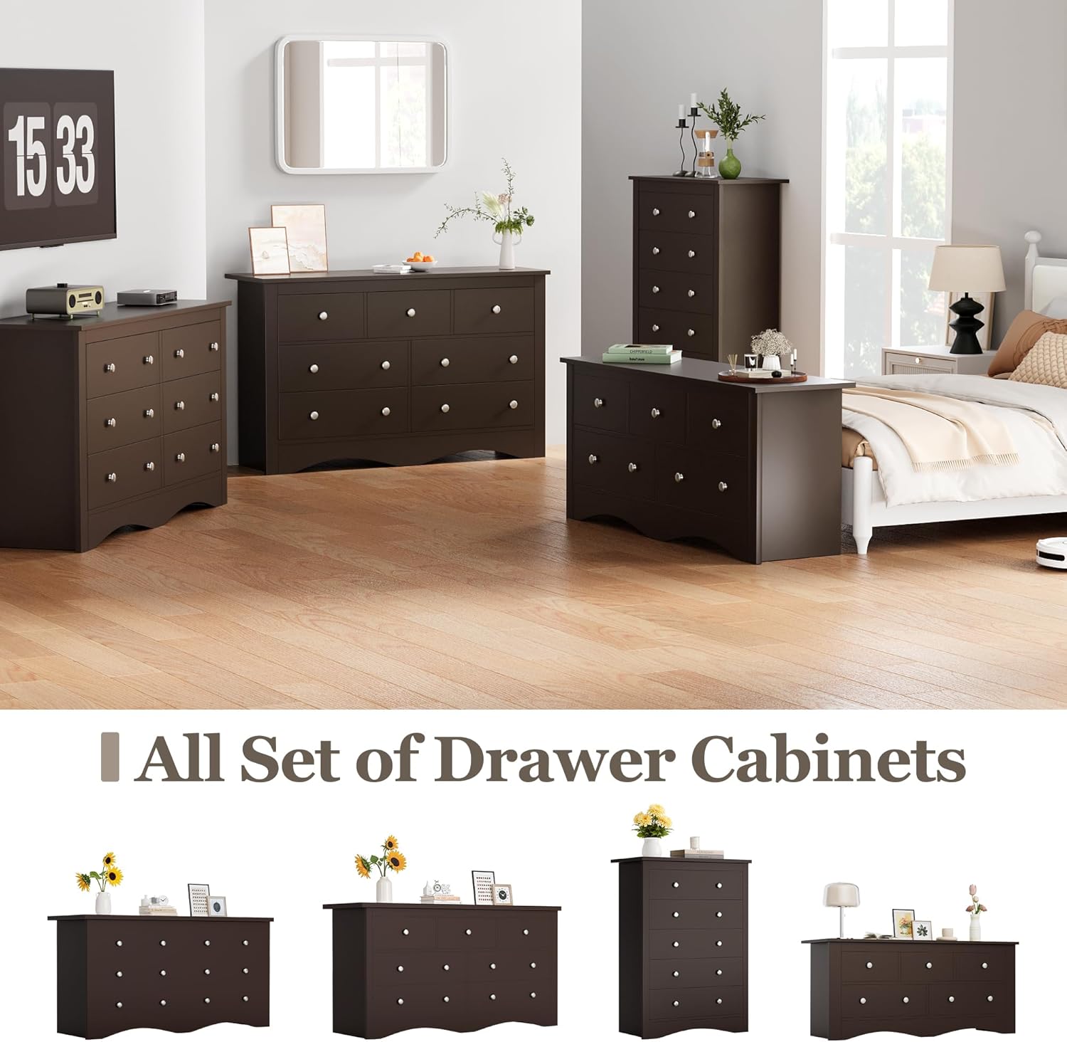 Furmax Dresser for Bedroom, 5 Wood Dresser, Chest of Drawers, for TV up to 65 inch, TV Stand Storage Chest of Drawers for Hallway Entryway (Brown)