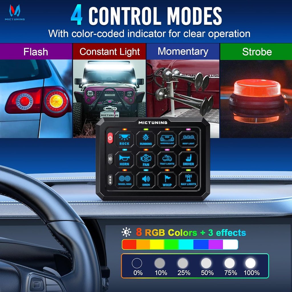 MICTUNING P1C RGB 12 Gang Switch Panel, IP67 Waterproof 4 Control Modes LED Control Panel Box Electronic Relay System Switch Box Universal for Car Boat Marine Caravan, 2 Years Warranty