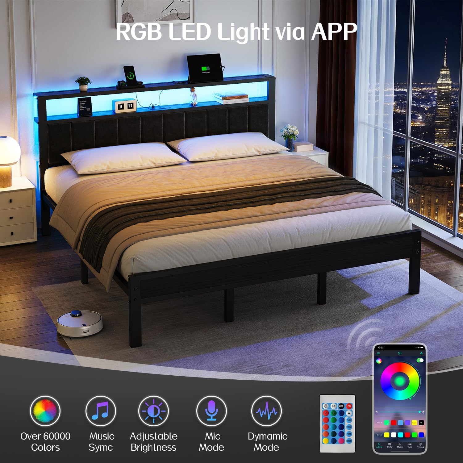 OLEVS King Bed Frame with Charging Station & LED Lights, Modern Platform Bed with Upholstered Storage Headboard, No Box Spring Needed Noise Free