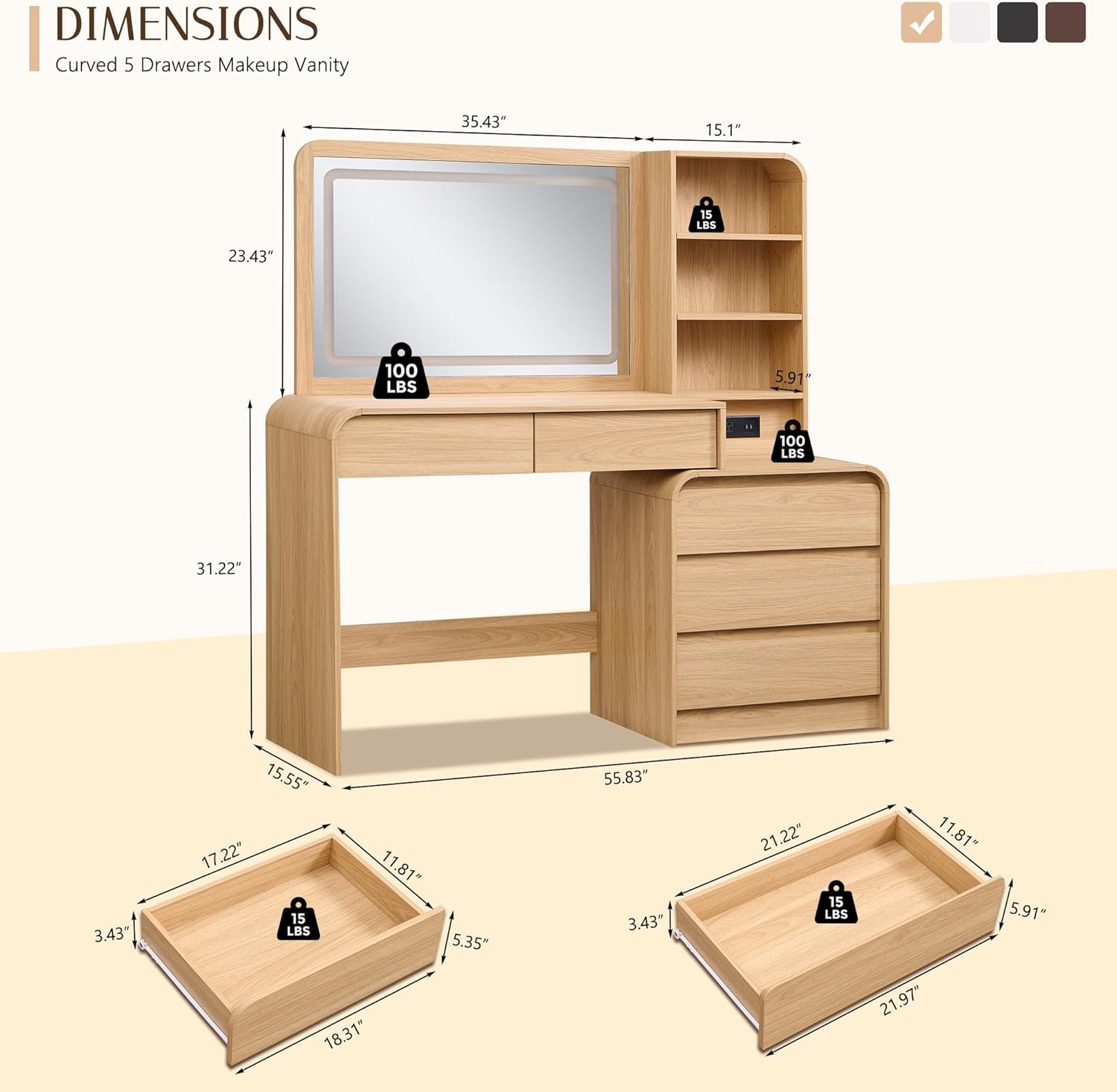 Aitjunz Vanity Desk with Mirror and Lights, 50” Modren Makeup Vanity with 35.43" Mirror and 5 Drawers, Makeup Table with Charging Station for Women and Girls, Bedroom (Natural)
