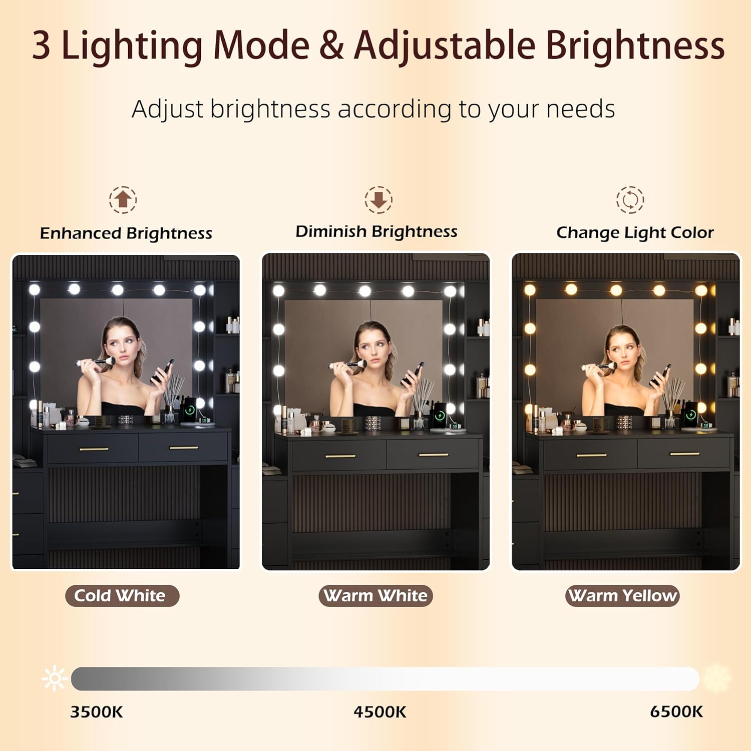 TOKSOM Black Vanity Desk with Mirror, Lights & Charging Station, 58.3" 3 Lighting Modes Makeup Desk with 8 Drawers, 2 Cabinets and Lots Storage, Dressing Table Vanity Set with Lighted Mirror