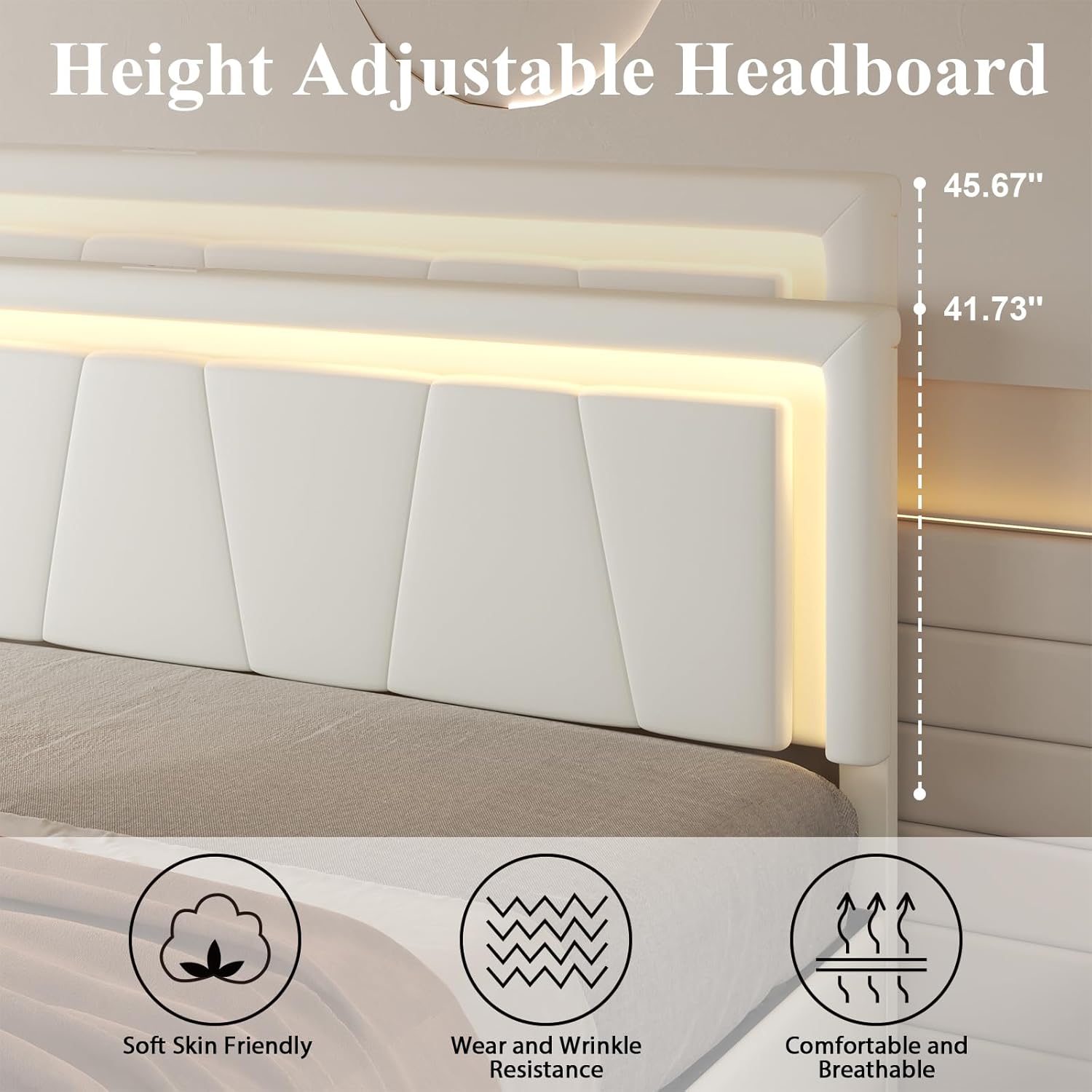 LoVinson Queen Size Bed Frame with 4 Storage Drawers, Charging Station and LED Light, Adjustable Upholstered Headboard, Noise-Free, No Box Spring Needed, Easy Assembly, White