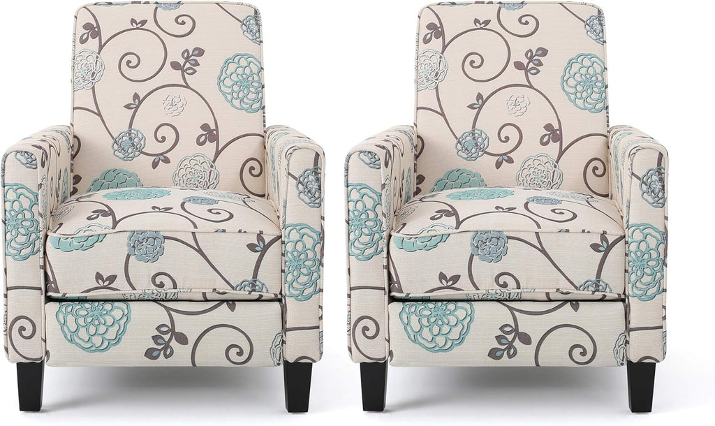 Christopher Knight Home Emmie Fabric Recliner (Set of 2), Light Beige with Blue Floral, Dark Brown