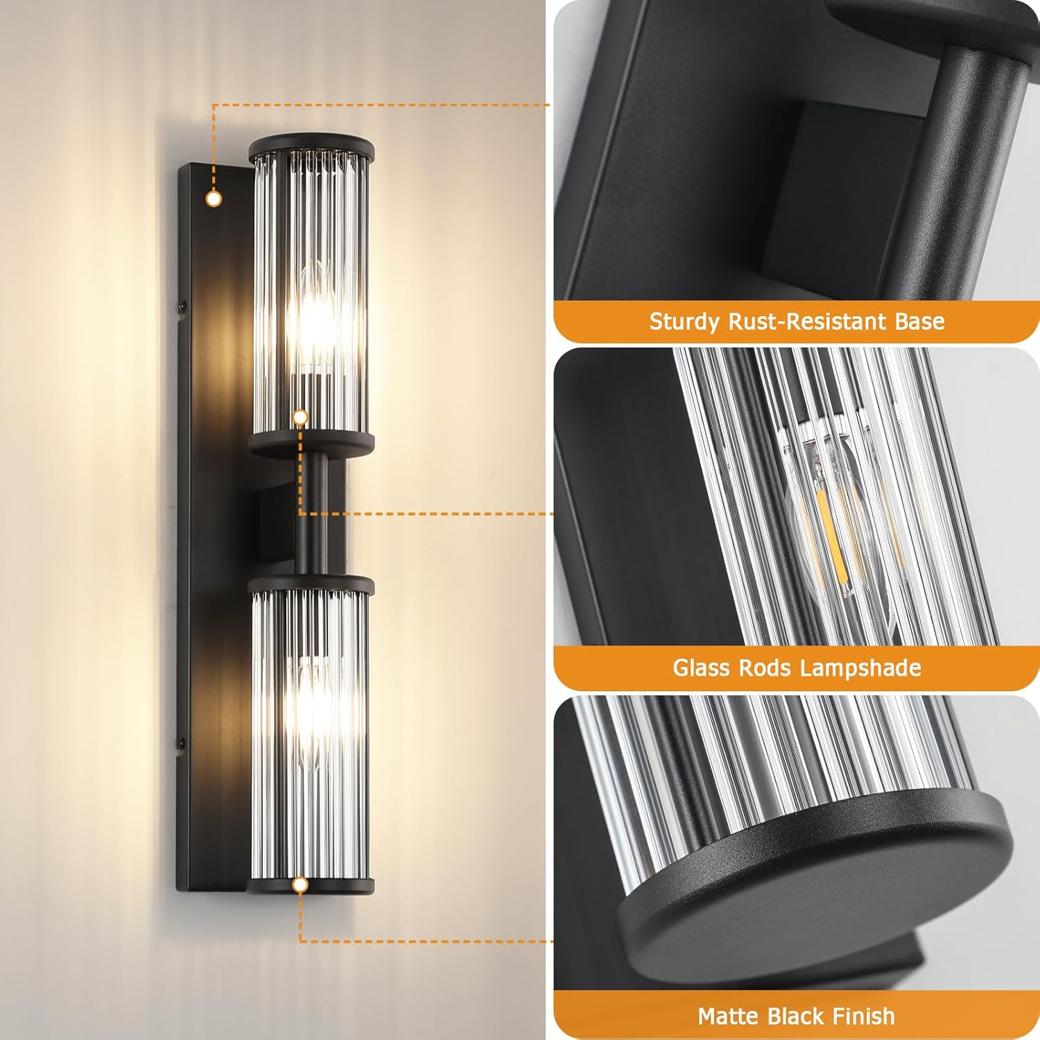 Modern Vanity Light Set of 2 - Matte Black Industrial Wall Sconces with Glass Rod Shades, Bathroom Mirror Lighting for Bedroom, Hallway, Dressing Room