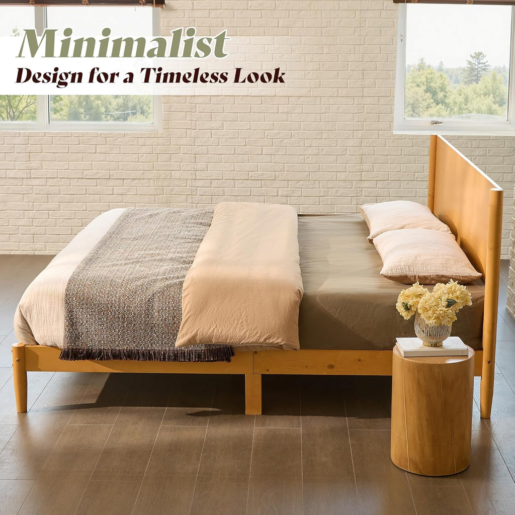 AMERLIFE Queen Solid Wood Bed Frame, Mid Century Modern Platform Bed with Full Panel Headboard, Wooden Bedframe with Cylindrical Legs, No Box Spring Needed & Noise-Free, Natural Wood