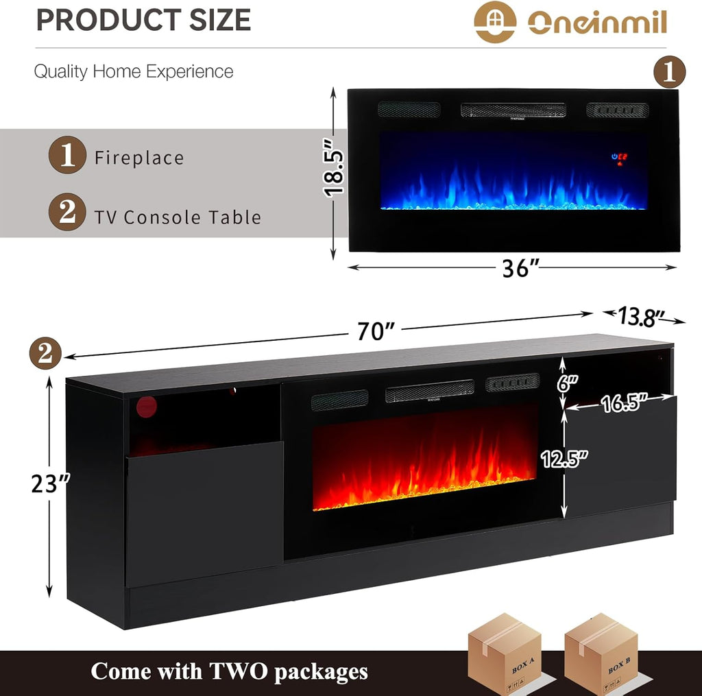 oneinmil Fireplace TV Stand with 36" Electric Fireplace, LED Light Entertainment Center, Modern Wood Texture Entertainment Stand with Highlight Storage Cabinet for TVs Up to 80", 70 inches, Black