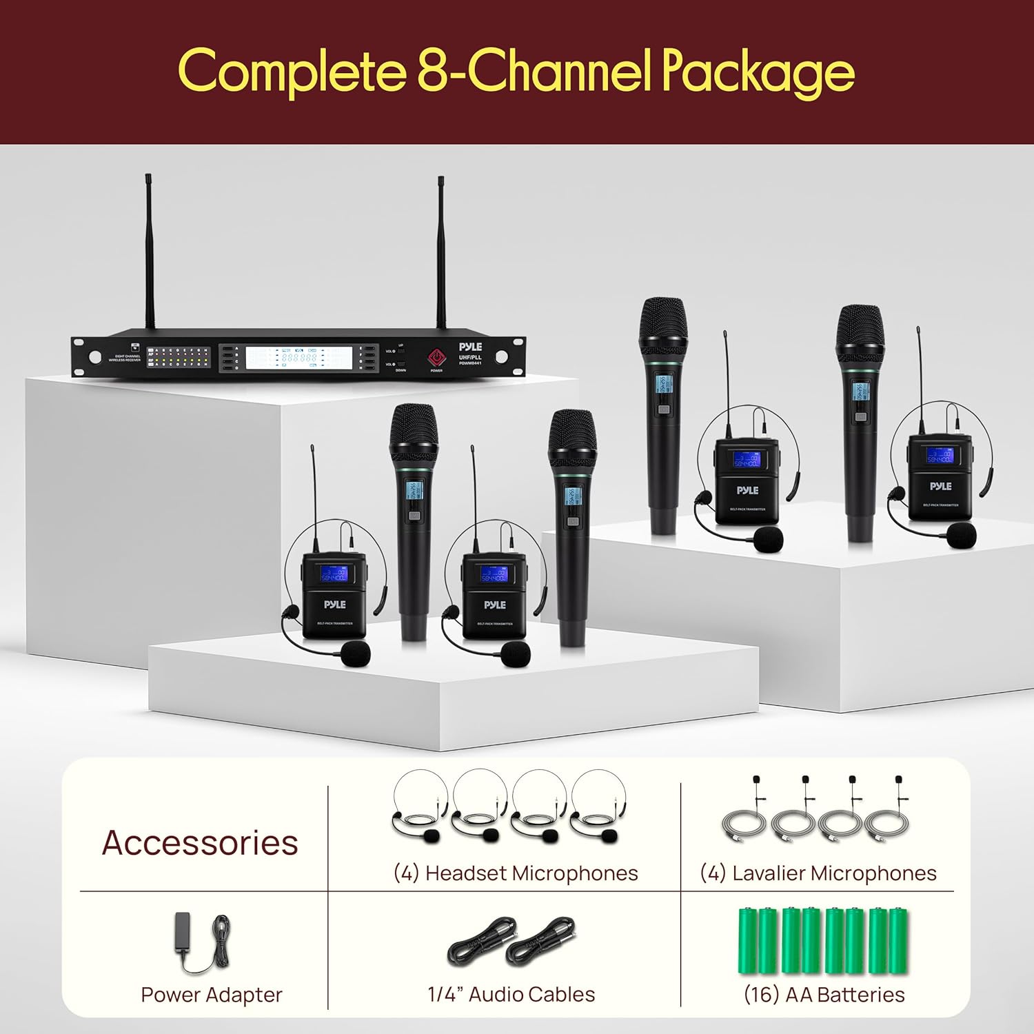 Pyle 8 Channel UHF Wireless Microphone System with 4 Handheld, 4 Lavalier & 4 Headset Microphones, 300 Ft Range & Rack Mount Receiver for Church, Conferences & Live Events