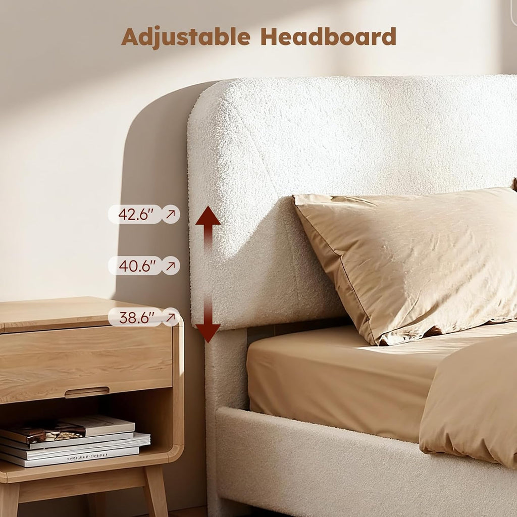 Full Size Cloud Bed Frame, Upholstered Boucle Bed Frame with Adjustable Headboard, Solid Wood Legs, Rounded Corners Design & Easy Assembly – Modern Platform Bed,Cream