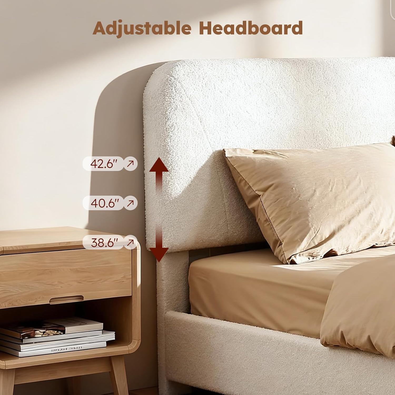 Full Size Cloud Bed Frame, Upholstered Boucle Bed Frame with Adjustable Headboard, Solid Wood Legs, Rounded Corners Design & Easy Assembly – Modern Platform Bed,Cream
