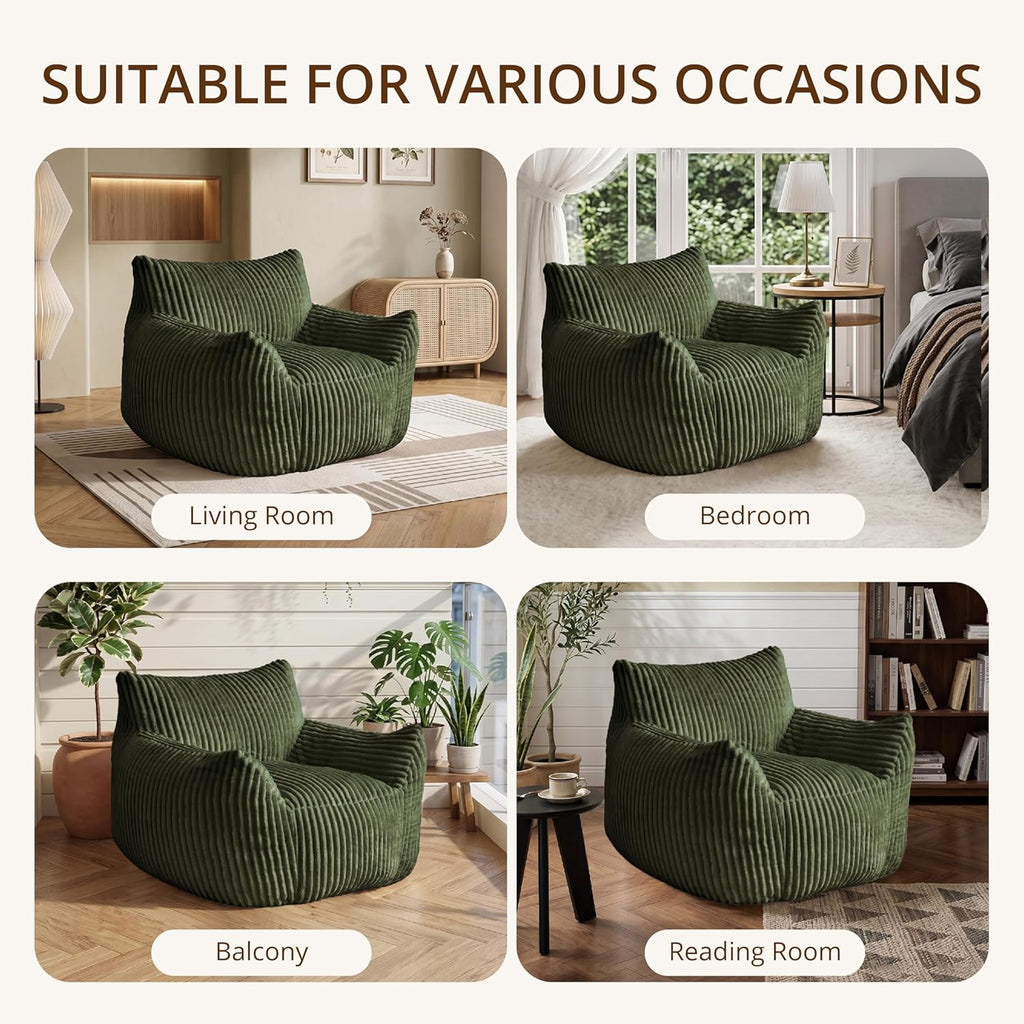 Bean Bag Chair with Armrests, Comfy Corduroy Beanbag Sofa for Adults, Stuffed Floor Accent Chair for Living Room, Bedroom, Green, Single