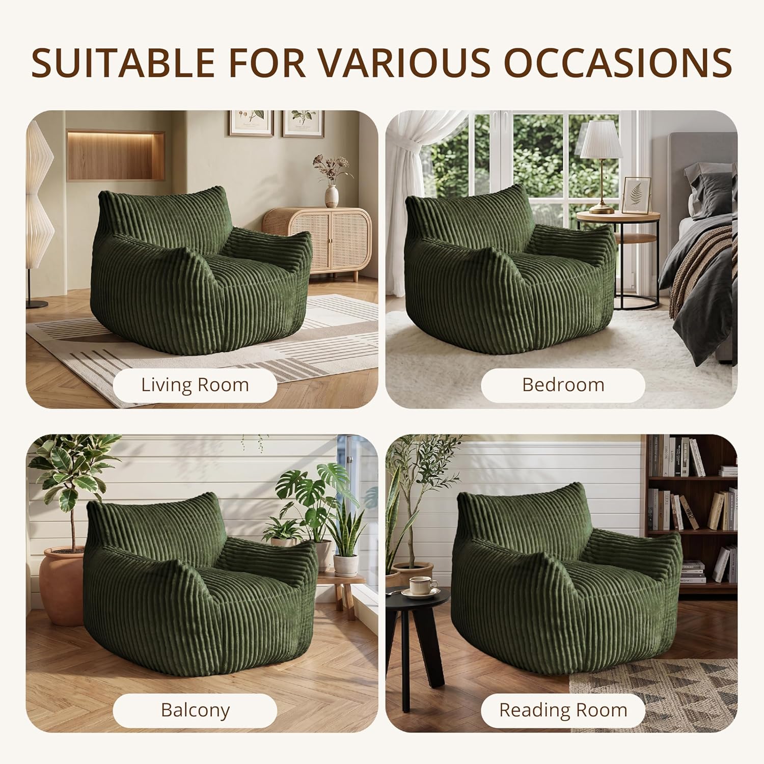 Bean Bag Chair with Armrests, Comfy Corduroy Beanbag Sofa for Adults, Stuffed Floor Accent Chair for Living Room, Bedroom, Green, Single