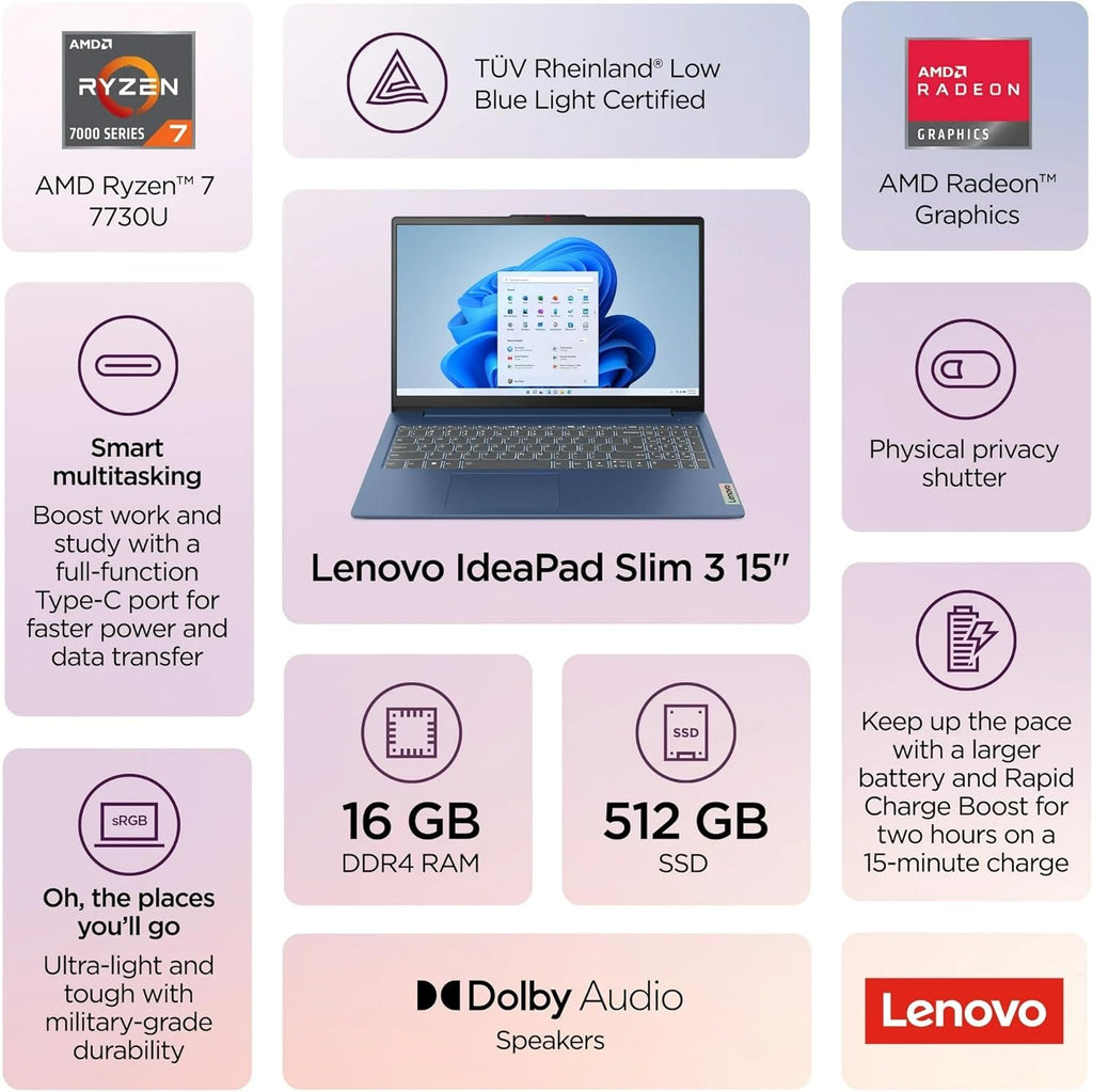 Lenovo Idea Pad 3 Touch Laptop in Blue AMD Ryzen 7 8-core up to 4.6Ghz 15.6in FHD 16GB RAM 512GB SSD Win 11 (15A - Renewed)