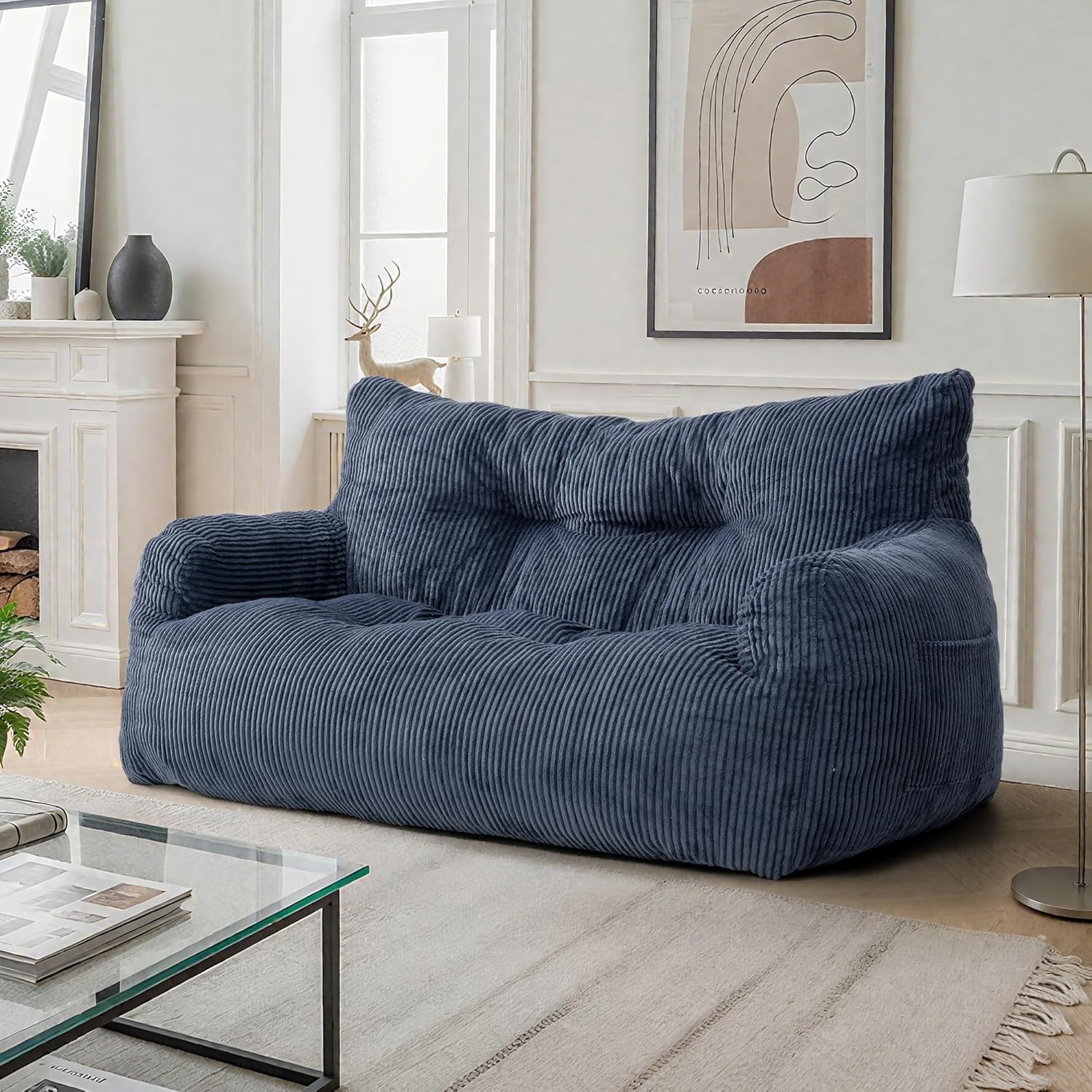 59" Bean Bag Chair,2 Seat Loveseat Sofa,Corduroy Lazy Sofa Bed for Adults,Fit Living Room, Bedroom,Outdoor Spaces,Ultra Soft Dutch Velvet,Fluffy Comfort Washable Cover,72h Rebound,Blue
