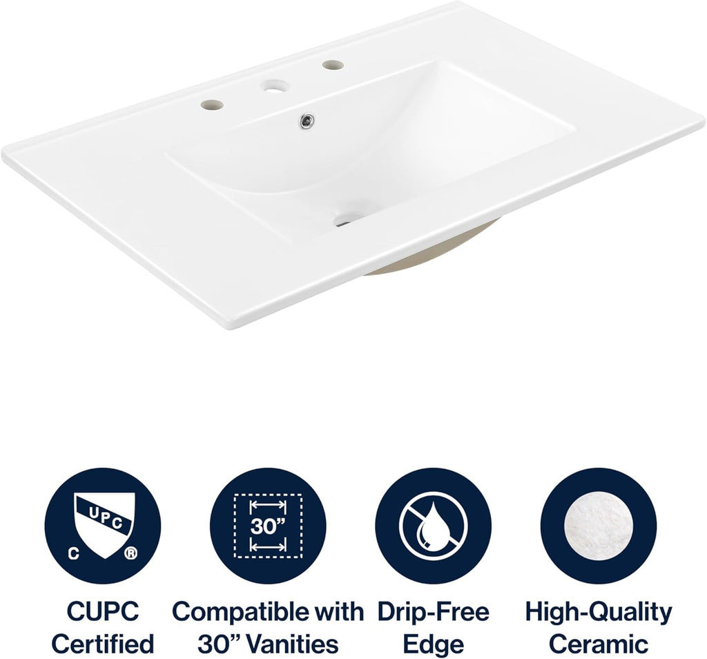 JONATHAN Y Ancillary White 30 in. W x 18.25 in. D Ceramic Vanity Sink Top with 3-Hole Rectangular Single Sink Basin SNK1002A