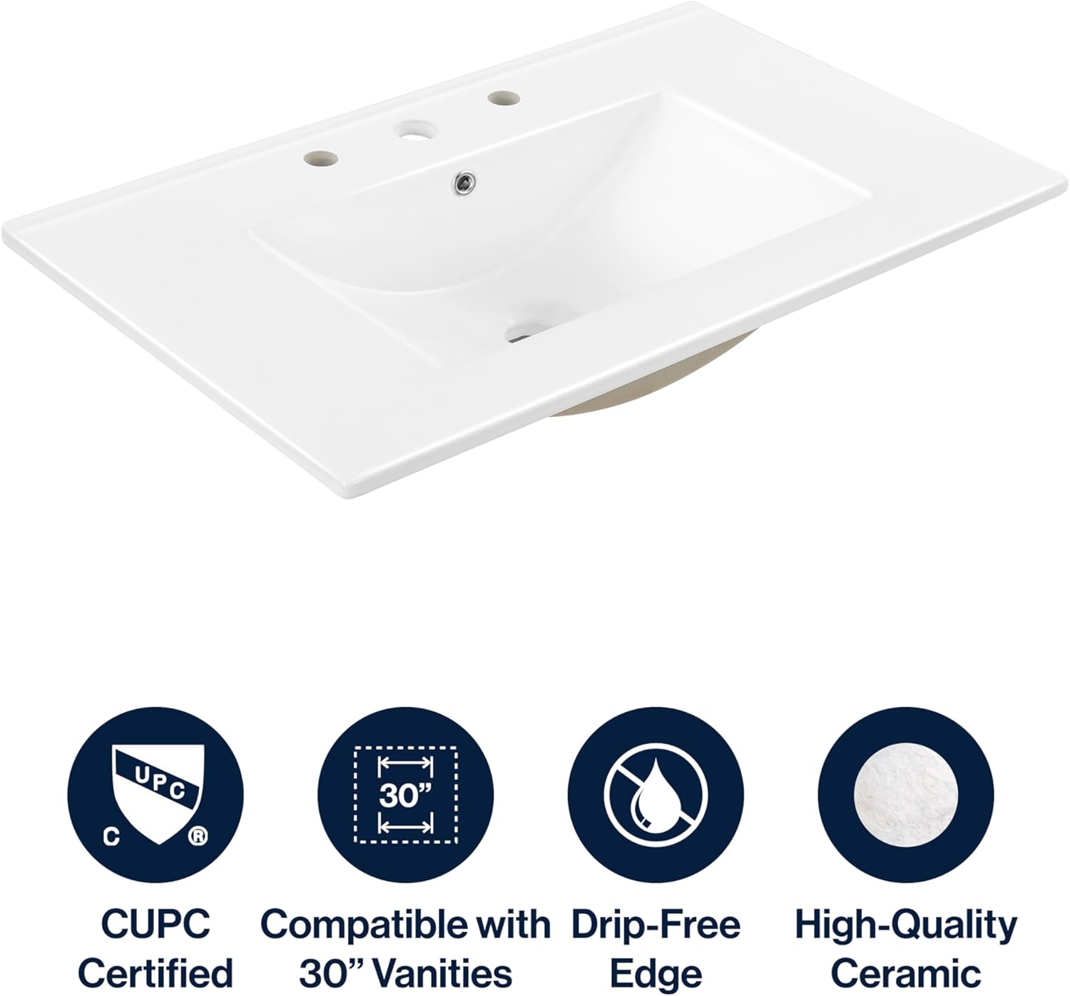 JONATHAN Y Ancillary White 30 in. W x 18.25 in. D Ceramic Vanity Sink Top with 3-Hole Rectangular Single Sink Basin SNK1002A