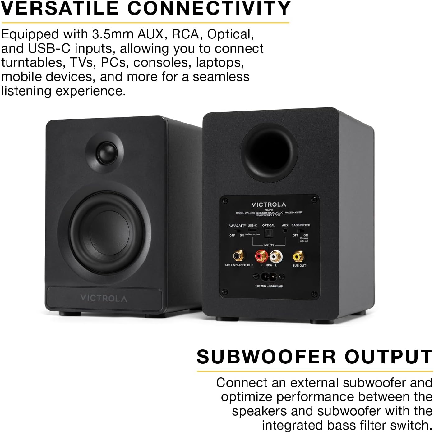Victrola Tempo – Bluetooth Bookshelf Speakers – Room-Filling Sound, Bluetooth Input, Multi-Speaker Streaming Using Auracast, USB-C Computer Input, Turntable Inputs, Subwoofer Output (Pair, White)