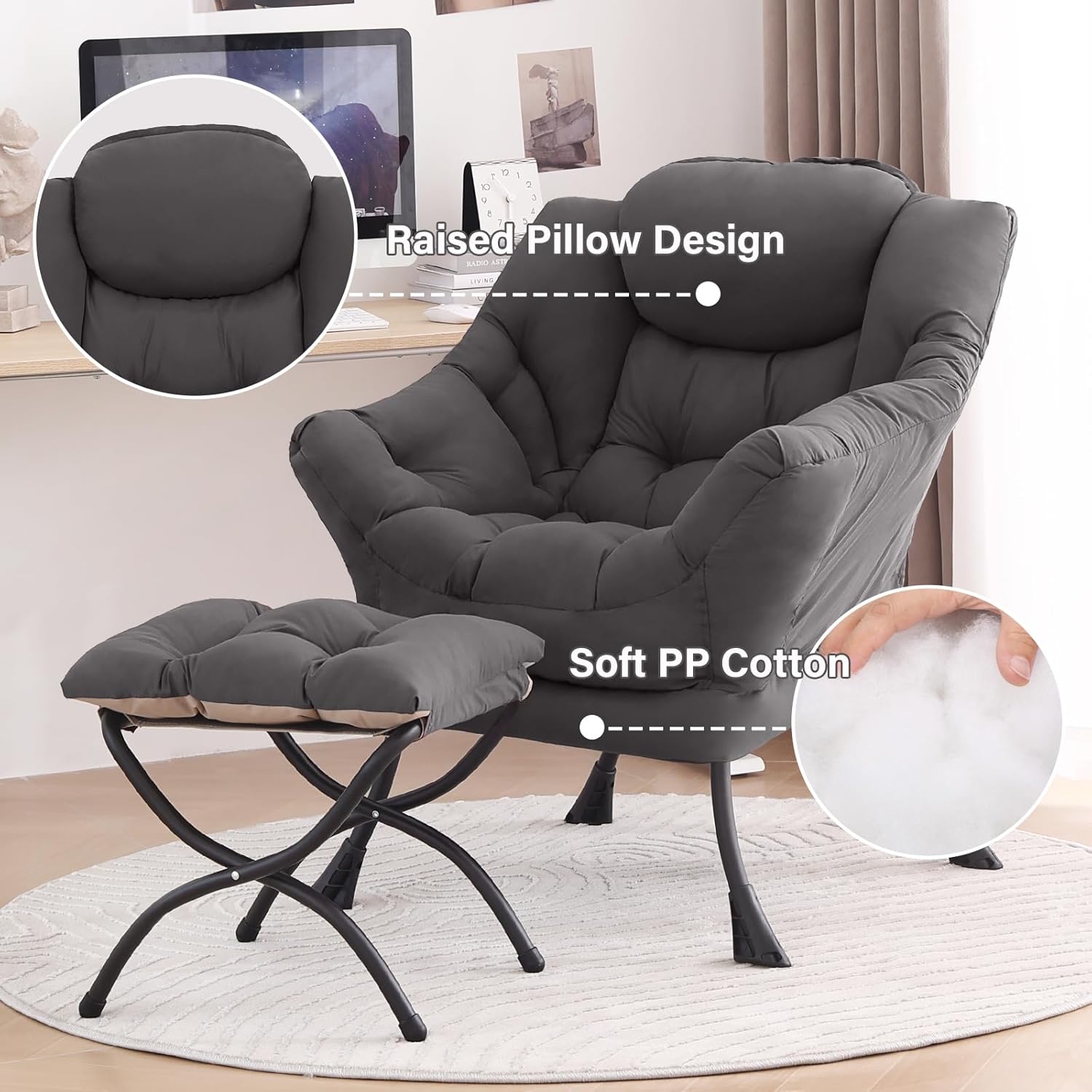 Tiita Modern Large Accent Chair with Ottoman, Comfy Leisure Sofa Armchair with Footrest, Reading Chair for Bedroom, Living Room, Dorm Rooms, Garden Dark Grey
