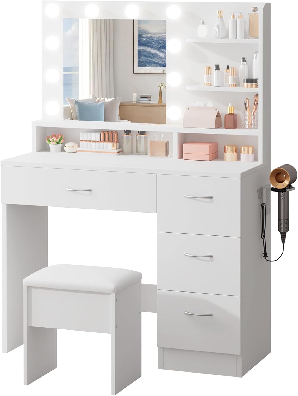 LIVELYGLOW White Makeup Vanity with HD Mirror & 10 LED Bulbs, 34.3" Dressing Table with Charging Station, 4 Drawers, Hairdryer Rack & Cushion Stool, Modern Bedroom Vanity Set