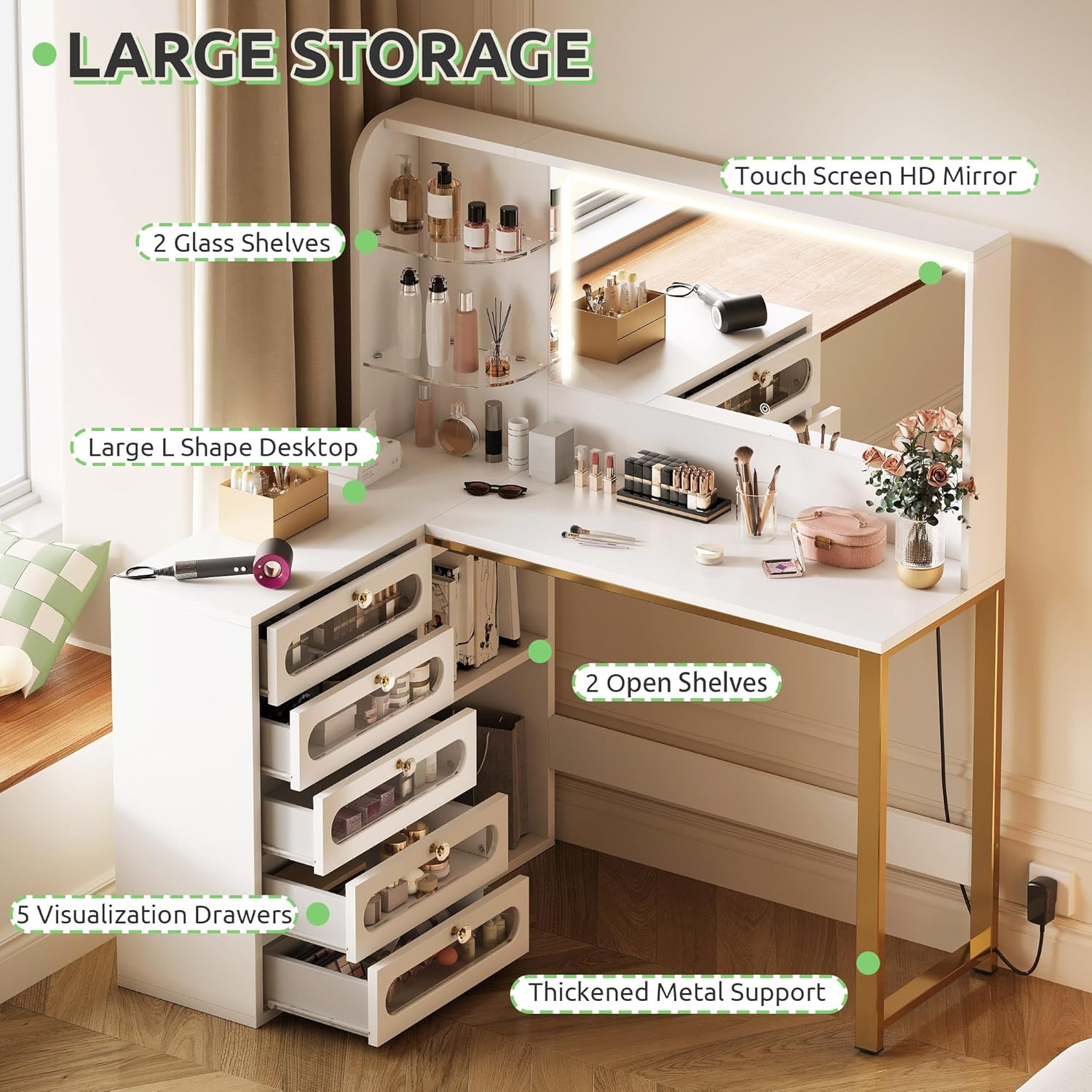 DWVO Vanity Desk with Light and Mirror, 3 Lighting Modes, L-Shaped Corner Vanity Table, 48" Large Dressing Table with 5 Tempered Glass Drawers with Open Storage Shelves