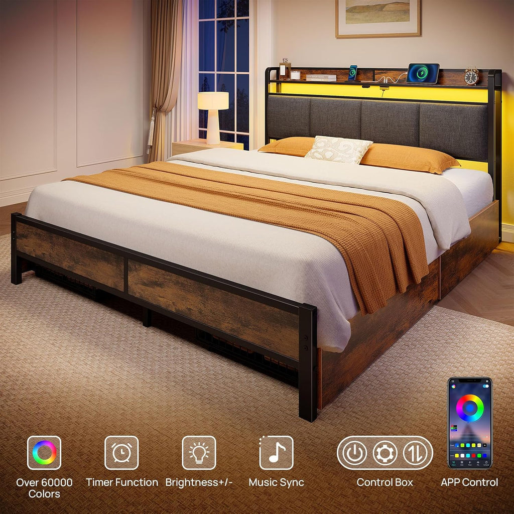 Rolanstar Bed Frame Full Size with Charging Station and LED Lights, Upholstered Storage Headboard with Drawers, Heavy Duty Metal Slats, No Box Spring Needed, Easy Assembly, Rustic Brown