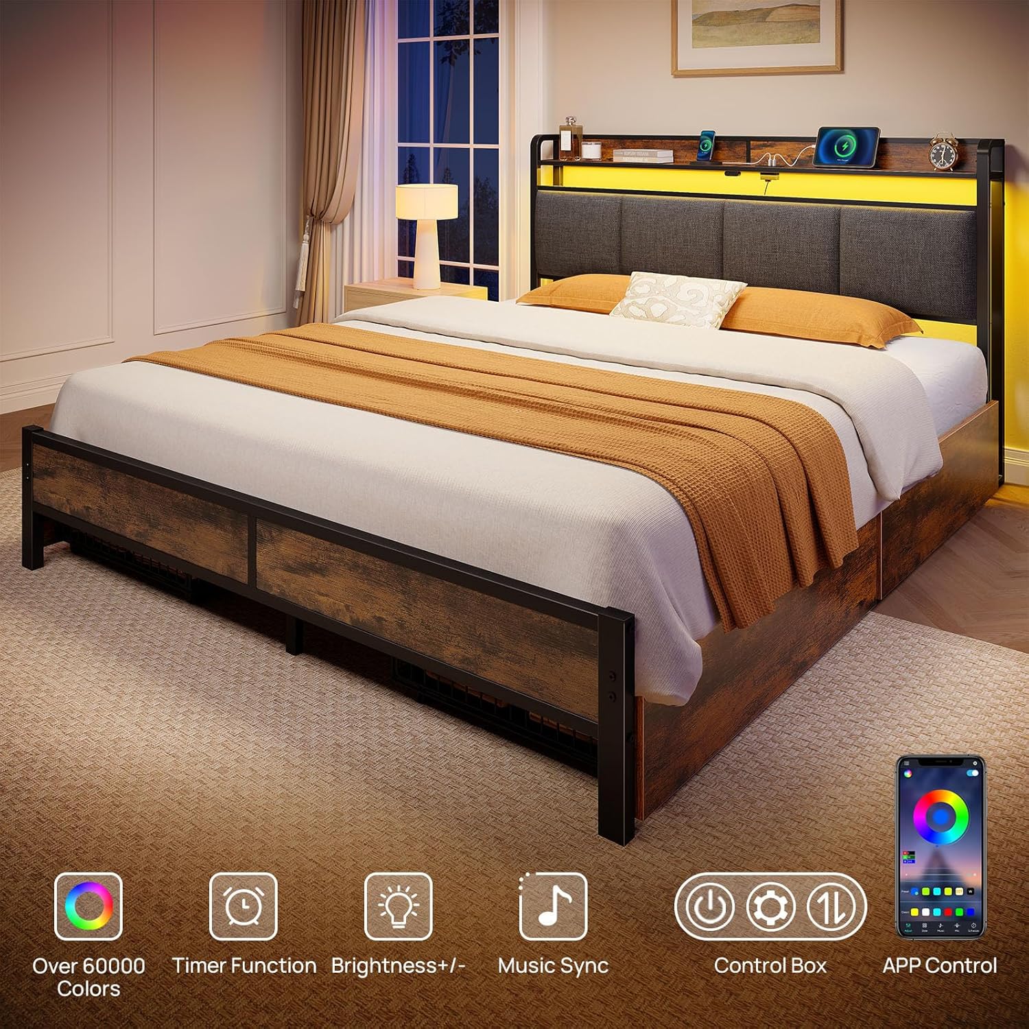 Rolanstar Bed Frame Full Size with Charging Station and LED Lights, Upholstered Storage Headboard with Drawers, Heavy Duty Metal Slats, No Box Spring Needed, Easy Assembly, Rustic Brown