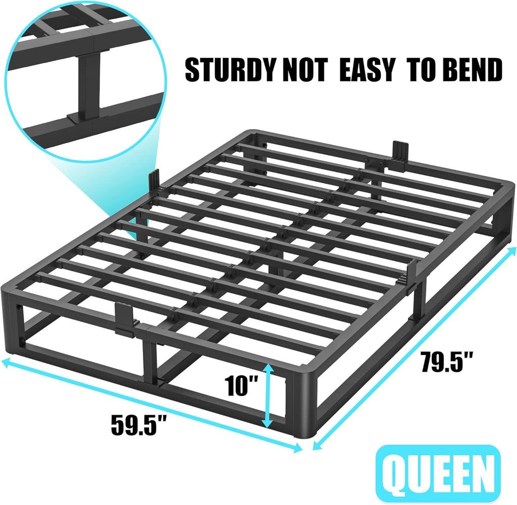 Firpeesy Upgrade Anti Bending and Round Corner Legs 10 inch Metal Queen Bed Frame 3500 LBS Heavy Steel Slats Support Platform Bed Frames No Box Spring Needed Platform Noise Free Easy Assembly