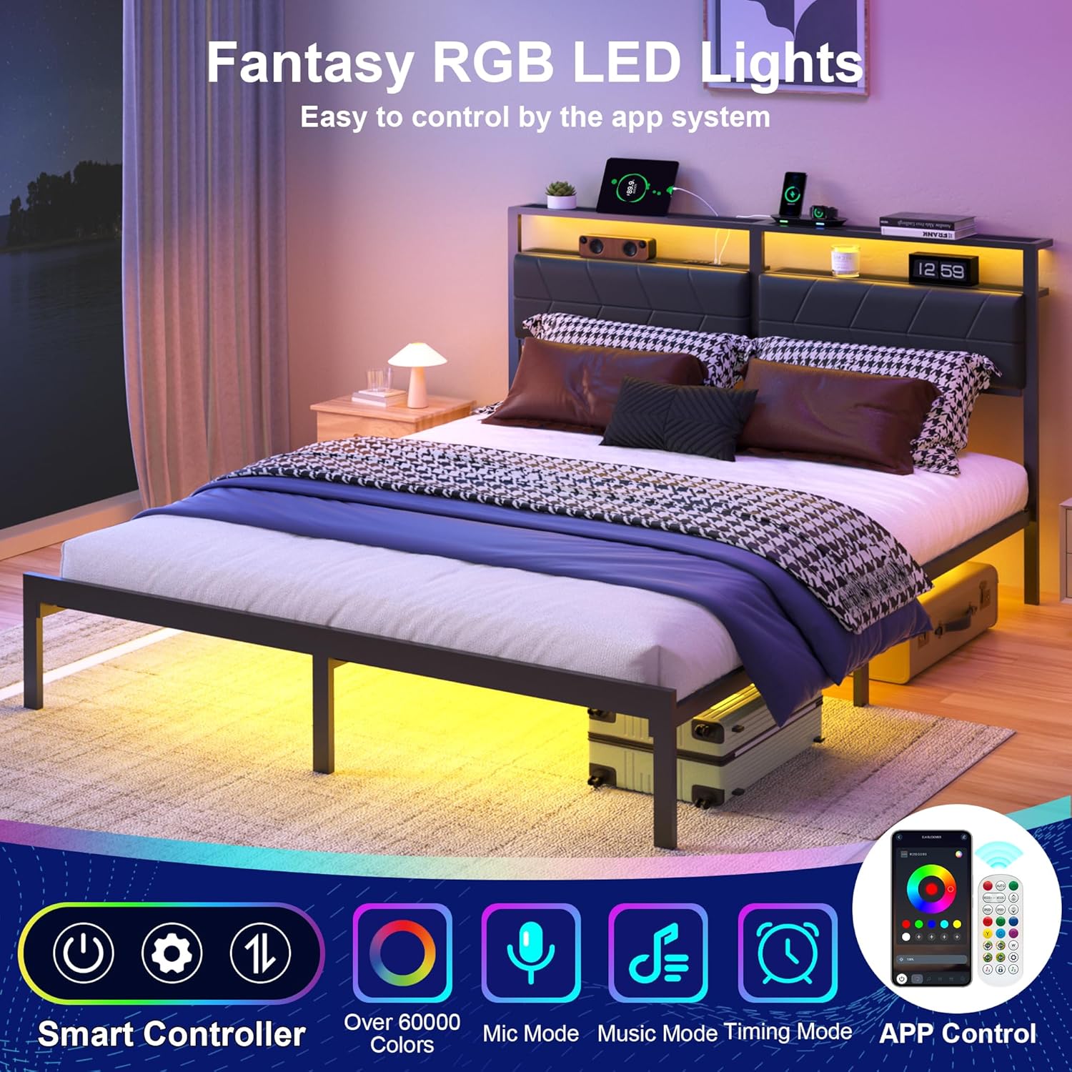 J.Fkne Queen Bed Frame with LED Lights & Charging Station, Metal Platform Bed Frame with 2 Tier Storage Headboard, Under Bed Storage, No Box Spring Needed, Noise Free, Easy Assembly