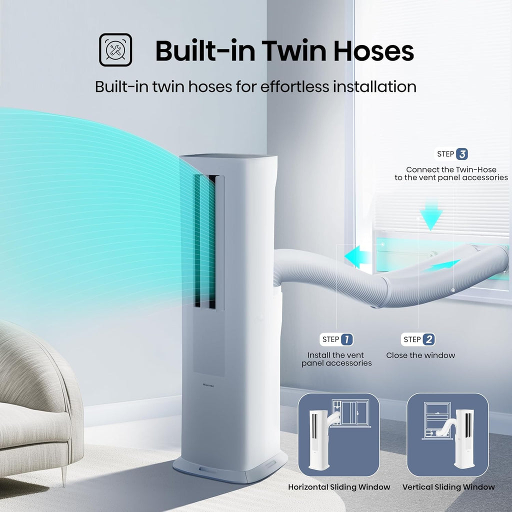 Hisense API0825UW1D Smart Inverter Twin Hose 8,000 BTU (DOE) 350 SF Heat/Cool Tower Portable Air Conditioner, White, Compatible with Alexa and Google Home Voice (Renewed)