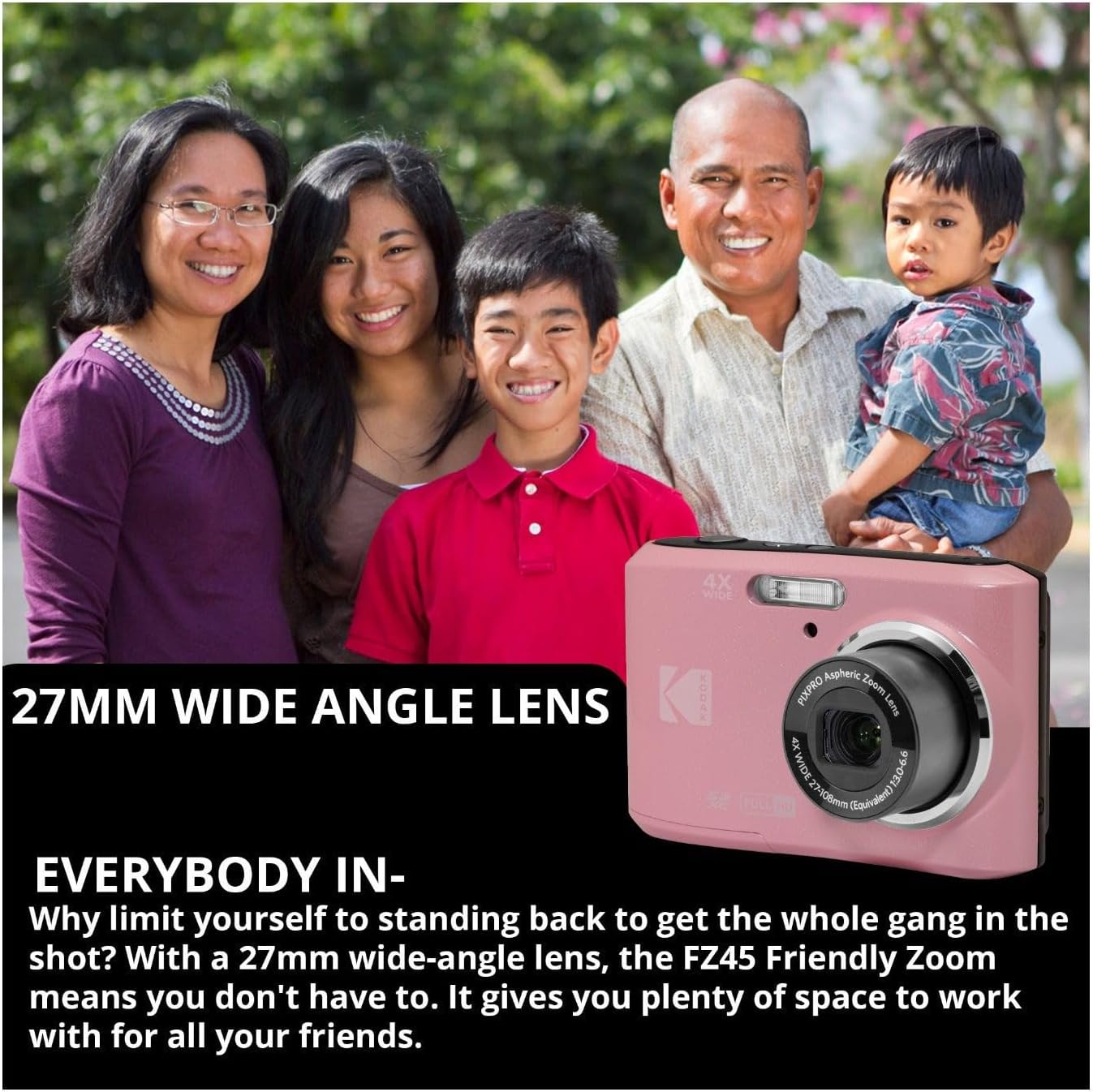 Kodak PIXPRO FZ45 Friendly Zoom 16MP 1080p Full HD Digital Camera (Pastel Pink) with 128GB SD Card, Compact Camera Case and Extra 4X AA Batteries Bundle (4 Items)