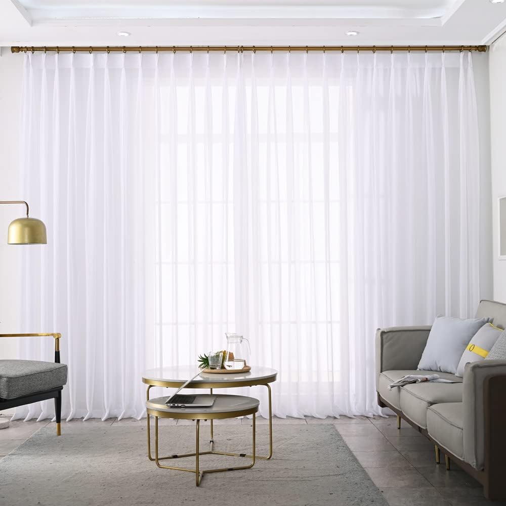 Pure White Chiffon Triple Pinched Pleats French Pleated 84 Inches Long Sheer Curtains for Living Room Window Treatment Tulle Kitchen Voile Bedroom Drapes (Pure White, 60W x 84L (2 Panels))