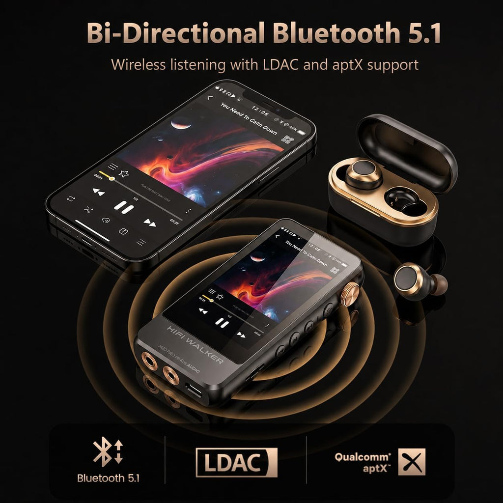 HIFI WALKER H20 Pro Hi-Res Music Player with Bluetooth, Digital Audio Player with 3.2" Touchscreen, Dual DAC, 3.5mm & 4.4mm Balanced Output, USB DAC, 64GB Micro SD Card Included