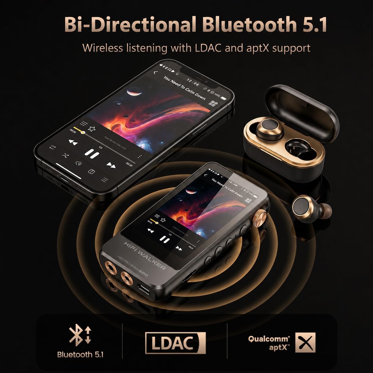 HIFI WALKER H20 Pro Hi-Res Music Player with Bluetooth, Digital Audio Player with 3.2" Touchscreen, Dual DAC, 3.5mm & 4.4mm Balanced Output, USB DAC, 64GB Micro SD Card Included