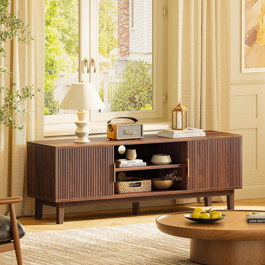 PRAISUN 54 Inch TV Stand for 50, 55 Inch TV, Fluted Entertainment Center with 2 Cabinets, TV Consoles for Living Room, 3-Level Adjustable Shelf, 4 Cable Holes, Meida Console, Walnut