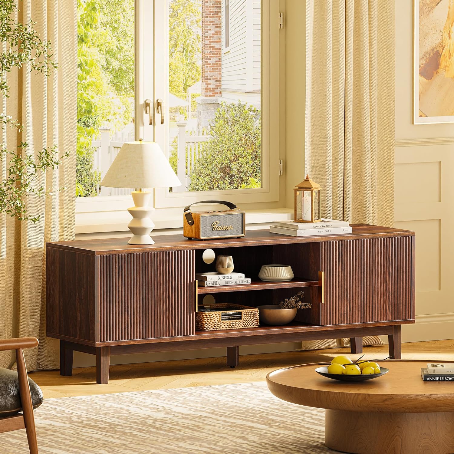 PRAISUN 54 Inch TV Stand for 50, 55 Inch TV, Fluted Entertainment Center with 2 Cabinets, TV Consoles for Living Room, 3-Level Adjustable Shelf, 4 Cable Holes, Meida Console, Walnut