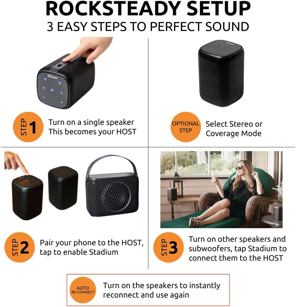 Rocksteady Stadium 2 Bluetooth Speaker & Subwoofer Bundle – 4 Speakers + Sub | Portable Multi-Room, Indoor/Outdoor System | Up to 30-Hr Battery | 150 ft Range