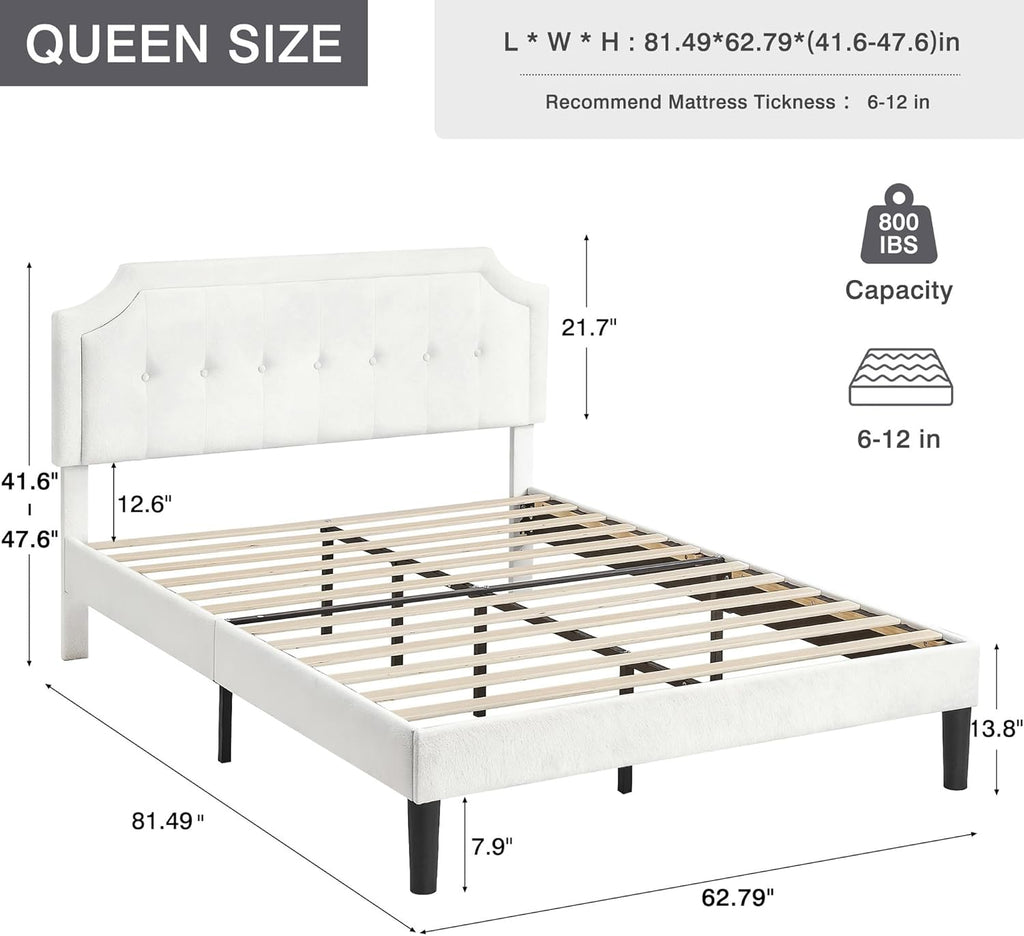 VECELO Queen Size Bed Frame with Velvet Upholstered Headboard, Platform Bedframe Mattress Foundation, Sturdy Wooden Slats Support,No Box Spring Needed Noise Free/Easy Assembly, Off White