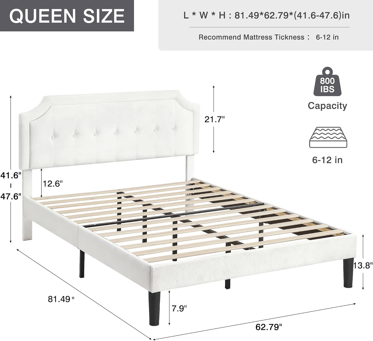 VECELO Queen Size Bed Frame with Velvet Upholstered Headboard, Platform Bedframe Mattress Foundation, Sturdy Wooden Slats Support,No Box Spring Needed Noise Free/Easy Assembly, Off White