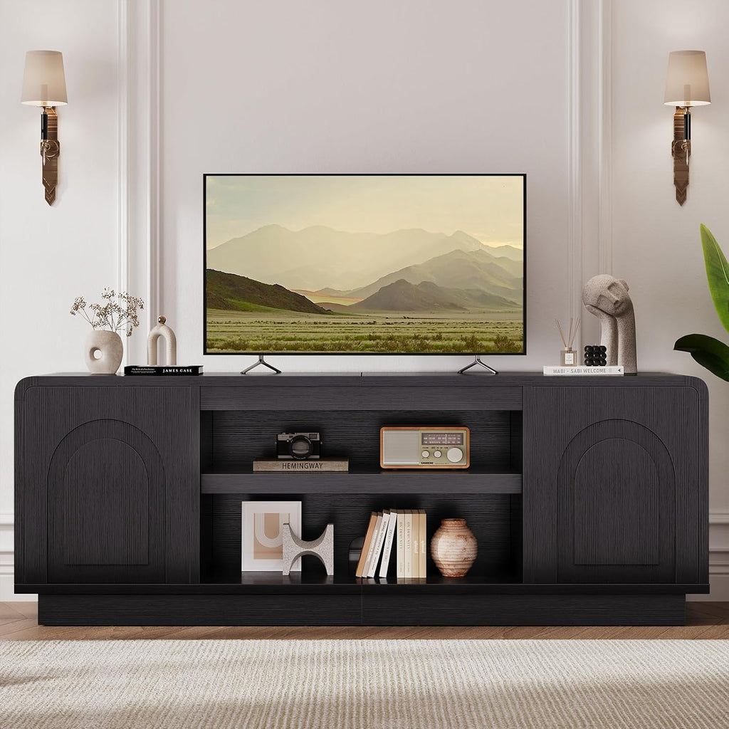 Bestier 63" Mid Century Modern TV Stand for Living Room, Wood Media Console Cabinet for TVs up to 70", Entertainment Center with 2 Arched Doors, Adjustable Shelves & 6 Cable Holes, Black