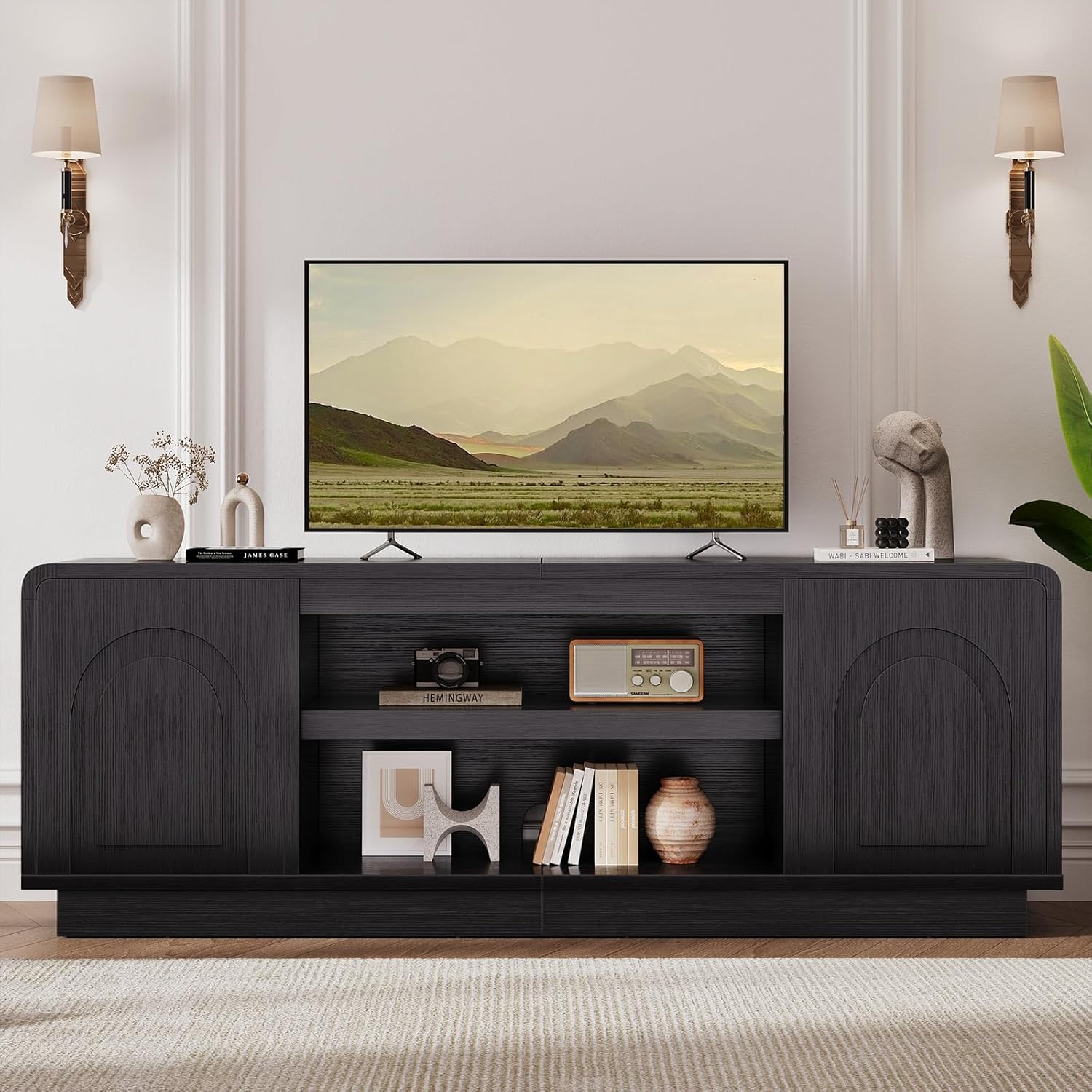 Bestier 63" Mid Century Modern TV Stand for Living Room, Wood Media Console Cabinet for TVs up to 70", Entertainment Center with 2 Arched Doors, Adjustable Shelves & 6 Cable Holes, Black