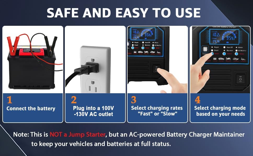 PCHH 12V 24V Car Battery Charger Heavy Duty, 0-15A Automatic Battery Maintainer, Smart Trickle Charger with Auto Shutoffs, Repair, Winter Mode, for Automotive Car Truck Motorcycle Lawn Mower Boat AGM