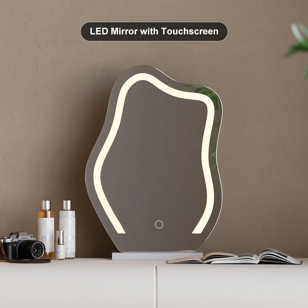 homary White Makeup Vanity Set with LED Mirror and Dressing Stool, Modern PU Leather Dressing Table with Drawers for Bedroom, Ideal for Women Girls (White)