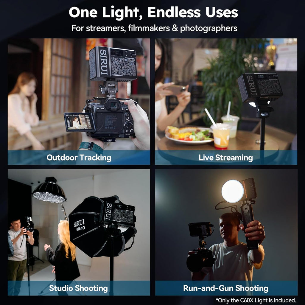 SIRUI C60X 60W Portable Photography Light, Ultra-Quiet 24.9dB & 0.53KG Compact Design, 2H Fast Charging, 13,000 Lux High Output, Bluetooth Control for Studio/Outdoor Video Lighting